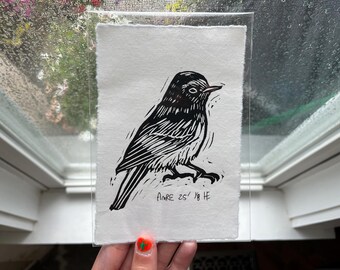 American Redstart Linocut Print – Handprinted Bird Art