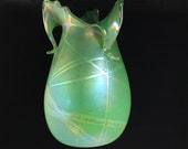 Bohemian Iridescent Green 3-Loop Handle Art Glass Vase, 7.5 quot , Handblown, Art Nouveau, Antique, Early 1900 39 s