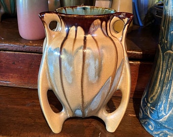 Art Nouveau Belgium Drip Glaze Vase, Faience Rie de Thulin, Atomic Tri Leg, 1920s