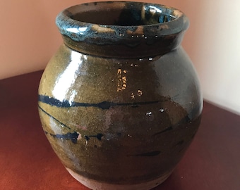 Vintage Redware Pottery Vase, Green Drip Glaze, Rustic Farmhouse Decor