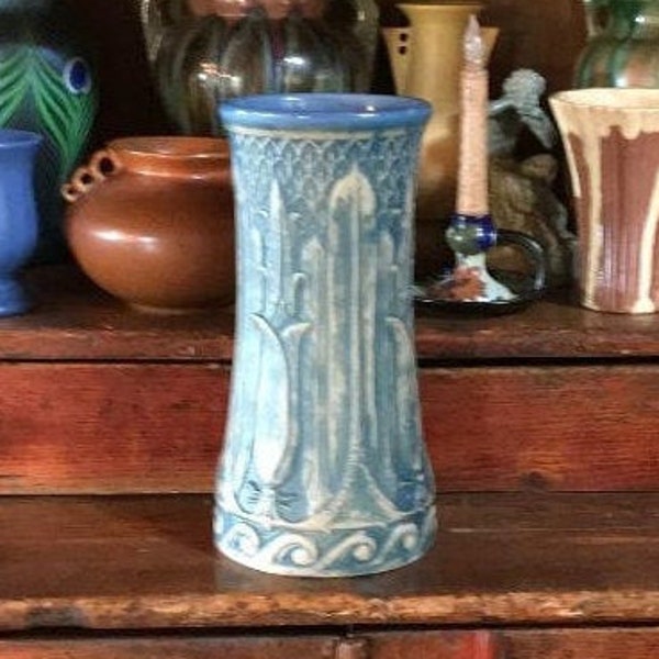 Monmouth Western Stoneware Art Pottery Vase, Lotus, 12", Dull Finish Line, Matte Brush Blue, Shape 364, Arts and Crafts, Vintage, 1927