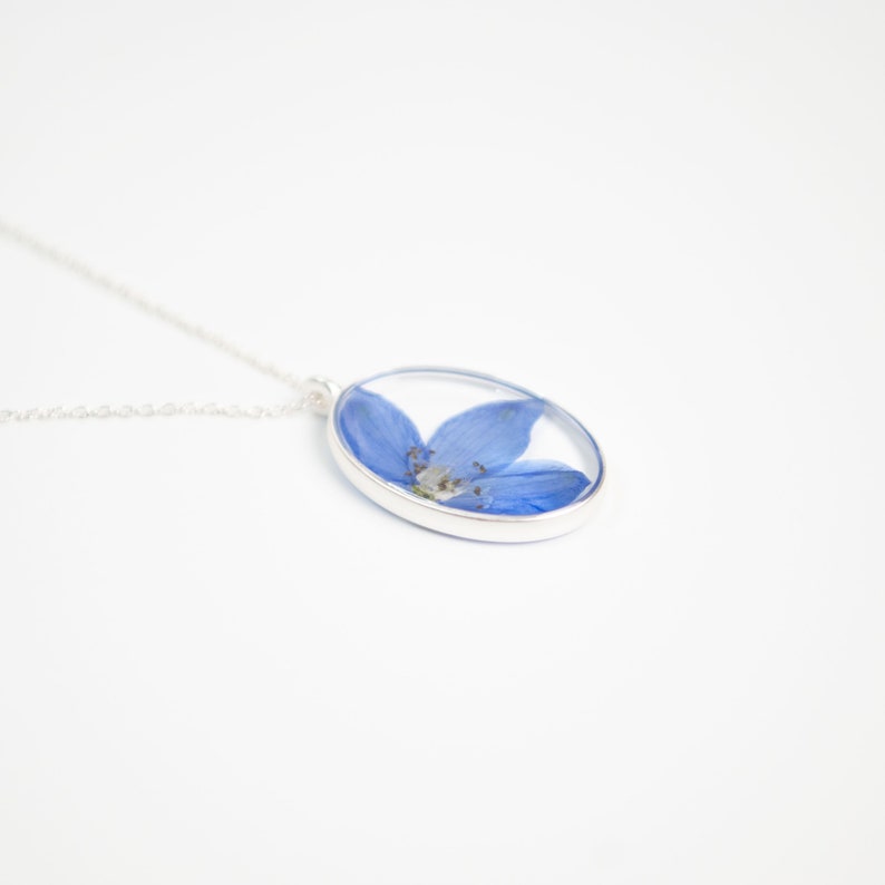 Blue Flower Oval Necklace Resin Art, Real Dried Flowers