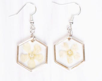 Real Dried White Flower Earrings: Hexagon Resin Art, Hypoallergenic
