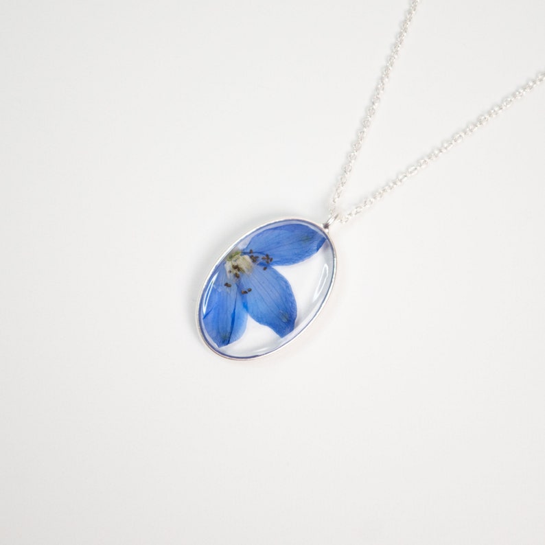 Blue Flower Oval Necklace Resin Art, Real Dried Flowers