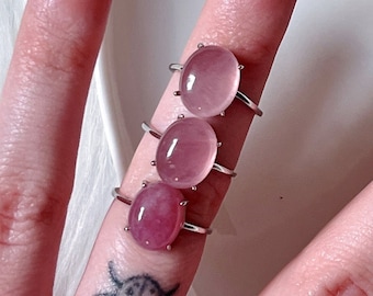 Rose Quartz Crystal Ring, Adjustable 925 Sterling Silver, Oval Gemstone Ring, Valentine&#39;s Day Gift for Women, Self Love Jewelry