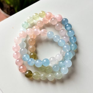 Candy Beryl Bracelet • Beaded Gemstone Bracelet • Boho Stretch Bracelet • Aquamarine Morganite Heliodor
