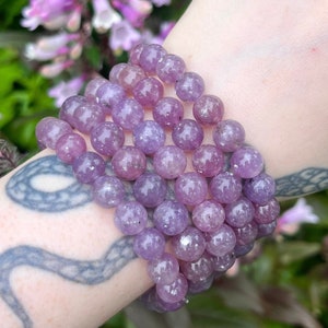Unicorn Stone Beaded Bracelet, Lepidolite & Pink Tourmaline Jewelry, Handmade Stretch Bracelet, Healing Crystal Jewelry for Her, Meditation