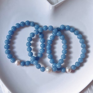 Angelite Gemstone Bracelet, Handmade Beaded Stretch Bracelet, Boho Freshwater Pearl Jewelry, Crystal Bracelet for Calm & Balance