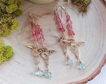Hummingbird Crystal Earrings, Strawberry Quartz Crystal Earrings, Green Fluorite Crystal Earrings, Gold Hummingbird Dangle Earrings