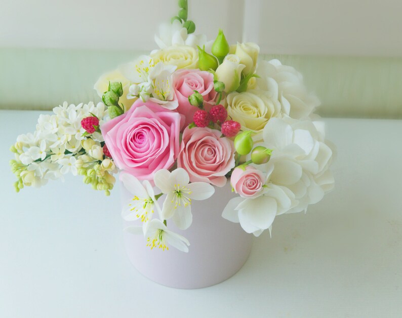 interior decor,gift for mam English Pastel Mint Bouquet.Vintage bouquet in a cup with roses US flower Description Optional decor home