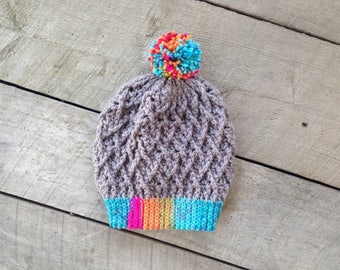 Mini Harlequin Slouchy Hat, Handmade, Warm, Diamond, Texture, Crochet, Pompom, Women's, Girl's, Men's, Boy's