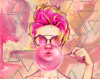 Hot Pink Bubble Gum Salon Fashion Wall Art Print, Sharp Objects threaten the Bubble.  Girl Power Art POP!