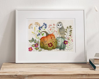 Owl wall art, Owl Illustration, Woodland animal print,A4 Art Print, Home Décor, Colourful wall art, Floral wall art,Owl print, Kitchen Print