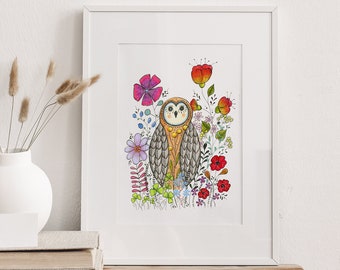 Owl wall art, Owl Illustration, Woodland animal print,A4 Art Print, Home Décor, Colourful wall art, Floral wall art,Owl print, Kitchen Print