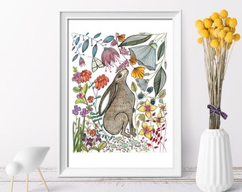 Hare wall art, Hares, Woodland animal print,A4 Art Print,Home Decor, Yellow wall art, Floral wall art, Hare prin, Kitchen Print, Nursery Art