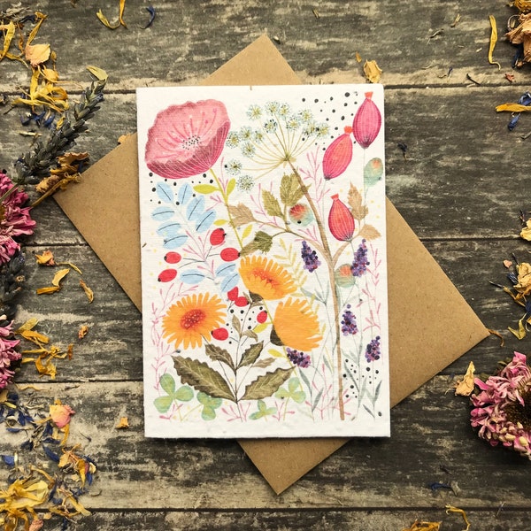 Plantable Seed Paper Birthday Card, Floral Note Cards, Spring Flowers Greeting Card, Watercolour flower card, Eco-friendly card, Floral art