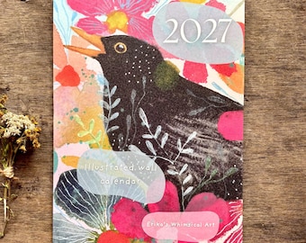 2027 Illustrated Wall Calendar – Blackbird & Colourful Floral Art Calendar