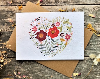 Plantable Seed Paper Card: Floral Heart, Eco-Friendly A6