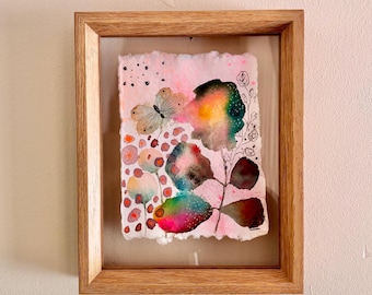 Soft Bloom & Butterfly – Original Abstract Botanical Painting in Floating Frame