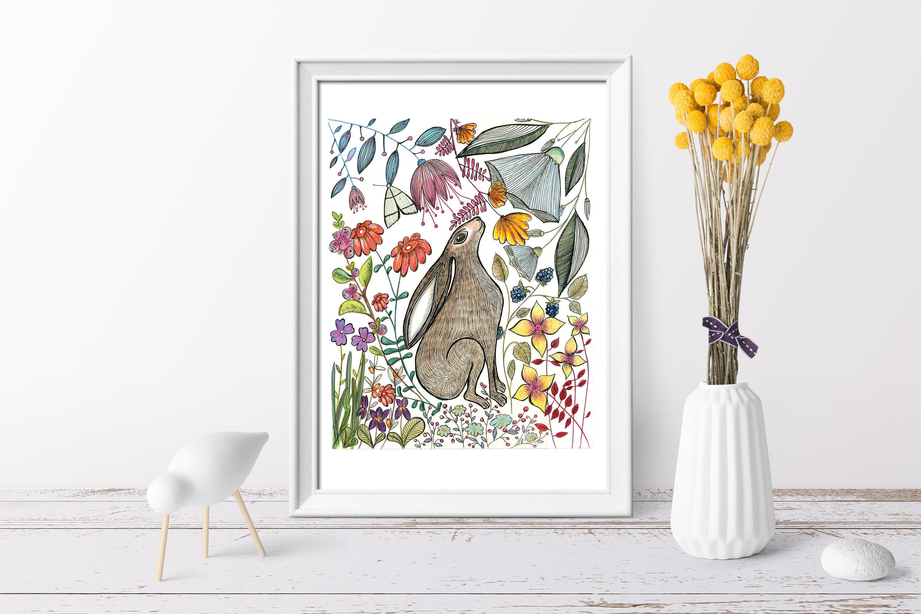 Hare wall art, Hares, Woodland animal print,A4 Art Print,Home Decor, Yellow wall art, Floral wall art, Hare prin, Kitchen Print, Nursery Art