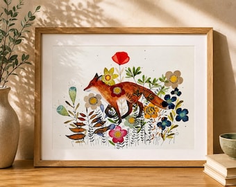 Arte murale di volpe, illustrazione di volpe, stampa di animali del bosco, stampa artistica A4, arredamento per la casa, arte murale colorata, arte murale floreale, stampa di volpe, stampa da cucina