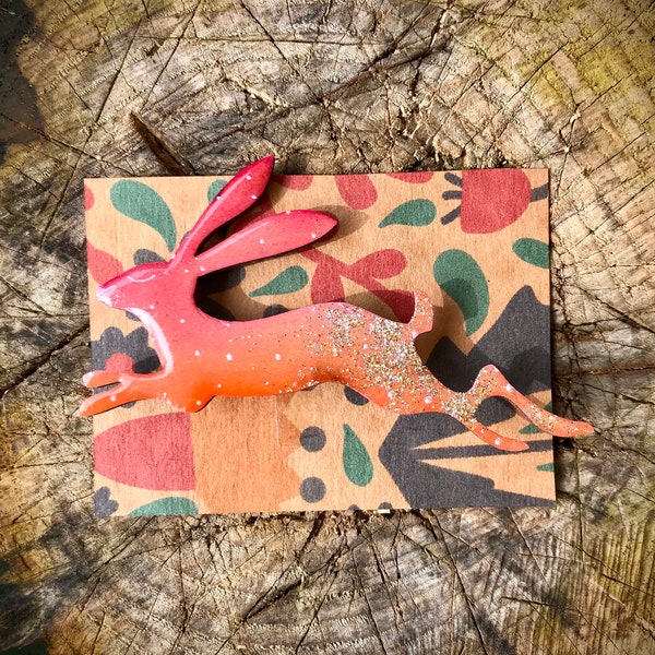 Large Wooden Hare Brooch - Hand painted Jewellery - Nature inspired wooden pin - Wooden brooch - Woodland gift - Nature lover - Gift for her
