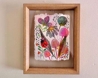 Ladybird & Pink Mushroom - Original Botanical Painting in Floating Frame