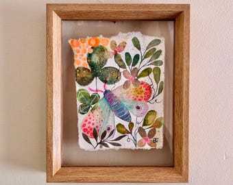 Moss Garden Moth - Original Botanical Painting in Floating Frame