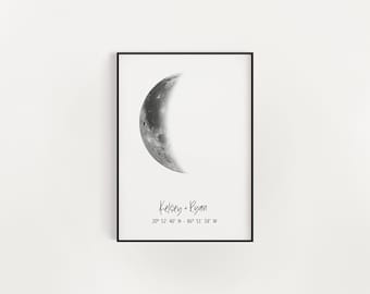 May include: A black and white print of a crescent moon with the text "Kelsey + Ryan" and the coordinates "20° 52′ 40″ N 86° 51' 58" W" underneath.
