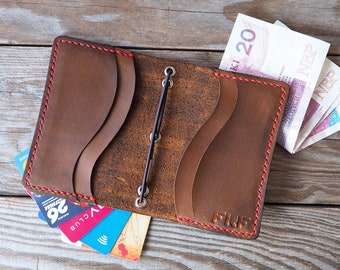 Custom Slim Wallet with Cord Closure and Card Slots \\ Natural Leather Front Pocket Wallet for Cards and Bills