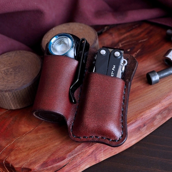 Leather Pouch for Leatherman Squirt PS4 and Olight Flashlight with Metal Pocket Clip \\ Custom Holster for Multitool and Mini Flashlight