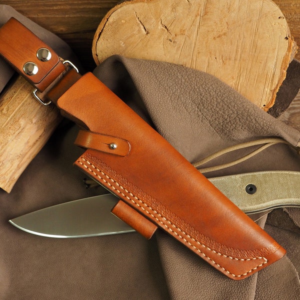 OKC RAT-6 Knife Sheath with Fire Rod Loop and Two Beltloops \\ Natural Leather Bushcraft Accessory