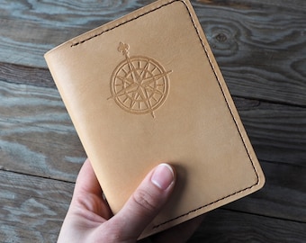 Passport Leather Cover with Compass Embossing \\ Handmade Passport Holder with Card Pockets \\ Gift for a Traveller Friend