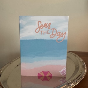 Biglietto d'auguri "Seas the Day" - Biglietto d'auguri con gioco di parole sulla spiaggia per l'estate, l'incoraggiamento o l'atmosfera vacanziera