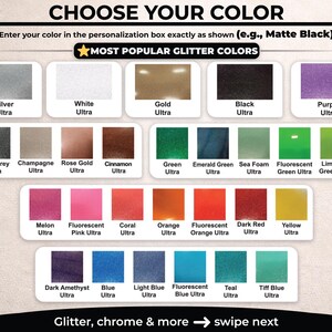 K&ouml;nnte beinhalten: Eine Farbkarte mit der &Uuml;berschrift CHOOSE YOUR COLOR und MOST POPULAR GLITTER COLORS, die verschiedene Glitzer-Farbmuster zeigt, beschriftet mit Namen wie Silver Ultra, Gold Ultra, Black Ultra, Purple Ultra, Rose Gold Ultra, Green Ultra und Blue Ultra.