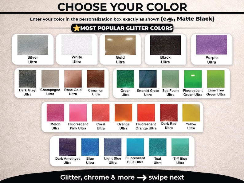 K&ouml;nnte beinhalten: Eine Farbkarte mit der &Uuml;berschrift CHOOSE YOUR COLOR und MOST POPULAR GLITTER COLORS, die verschiedene Glitzer-Farbmuster zeigt, beschriftet mit Namen wie Silver Ultra, Gold Ultra, Black Ultra, Purple Ultra, Rose Gold Ultra, Green Ultra und Blue Ultra.