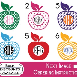 May include: Six apple-shaped decals numbered one through six, each featuring a central circular monogram. Designs include green lattice, pink polka dots, purple quatrefoil, blue hearts, solid red, and yellow chevron patterns with various letter fonts.