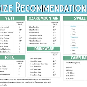 K&ouml;nnte beinhalten: Eine Gr&ouml;&szlig;entabelle f&uuml;r horizontale Aufkleber mit den Markennamen Yeti, Ozark Mountain, S'well, Rtic und Camelbak. Die Tabelle listet spezifische Trinkgef&auml;&szlig;modelle und die zugeh&ouml;rigen Aufklebergr&ouml;&szlig;en in Zoll auf, inklusive eines Hinweises zur Gr&ouml;&szlig;e.