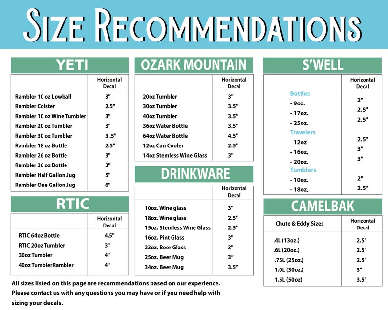 K&ouml;nnte beinhalten: Eine Gr&ouml;&szlig;entabelle f&uuml;r horizontale Aufkleber mit den Markennamen Yeti, Ozark Mountain, S'well, Rtic und Camelbak. Die Tabelle listet spezifische Trinkgef&auml;&szlig;modelle und die zugeh&ouml;rigen Aufklebergr&ouml;&szlig;en in Zoll auf, inklusive eines Hinweises zur Gr&ouml;&szlig;e.
