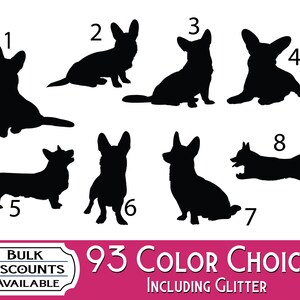 Op de afbeelding: Acht zwarte silhouetten van Corgi-honden in verschillende houdingen, genummerd van &eacute;&eacute;n tot acht. Onder de silhouetten staat een wit label met een roze rand met de tekst BULK DISCOUNTS AVAILABLE, gevolgd door de tekst 93 COLOR CHOICES INCLUDING GLITTER.