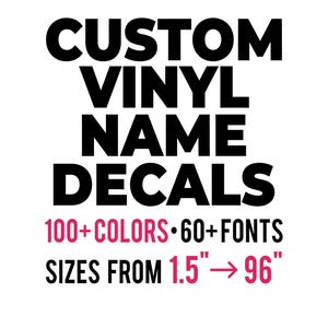 May include: Custom vinyl name decals with black text reading CUSTOM VINYL NAME DECALS. Below, pink text states 100+ COLORS 60+ FONTS and SIZES FROM 1.5" → 96". The design features bold, sans-serif typography on a plain white background.