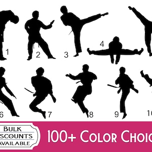 May include: A collection of ten black silhouettes depicting various martial arts poses, numbered one through ten. Below the figures, a white label contains the text BULK DISCOUNTS AVAILABLE, followed by the text 100+ COLOR CHOICES.