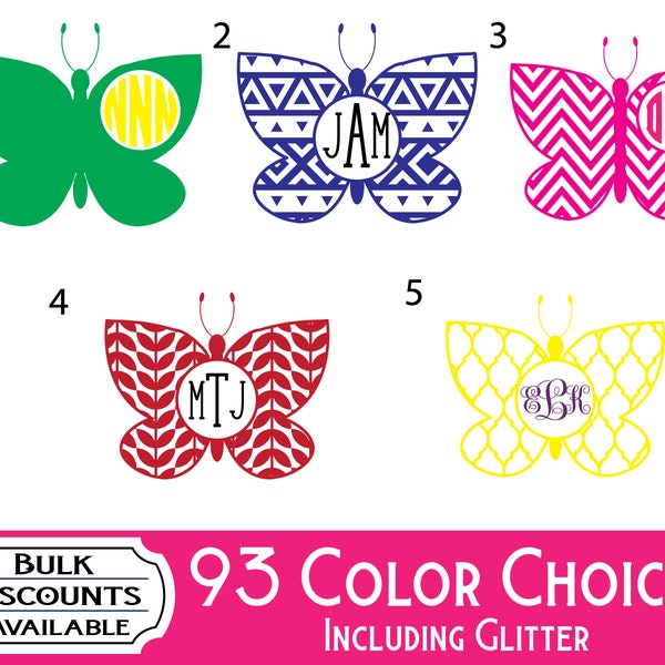 Butterfly Monogram Vinyl Decal Personalize w/ 5 Design & 95 Color Choices Including Glitter - Bulk Discount Available