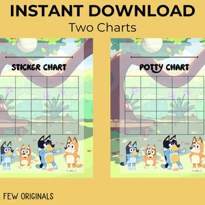 Puede incluir: Dos tablas imprimibles con un personaje de perro azul del programa Bluey. Las tablas se titulan "Sticker Chart" y "Potty Chart" y están diseñadas para ayudar a los niños a aprender y crecer.