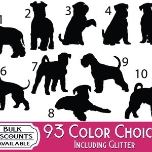 May include: A collection of ten black dog silhouettes in various poses, numbered one through ten. Below the silhouettes, a pink banner displays the text: BULK DISCOUNTS AVAILABLE, 93 COLOR CHOICES, INCLUDING GLITTER, in white and black text.