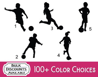 May include: Five black silhouettes of children playing soccer, numbered one through five, each interacting with a ball. A white label at the bottom reads BULK DISCOUNTS AVAILABLE and text to the right states 100+ COLOR CHOICES.