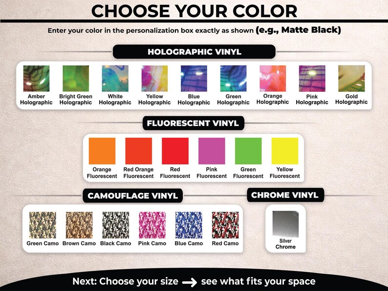 K&ouml;nnte beinhalten: Eine Farbauswahltabelle f&uuml;r Vinyl-Aufkleber mit Kategorien f&uuml;r holografische, fluoreszierende, Tarn- und Chrom-Oberfl&auml;chen. Die Tabelle zeigt verschiedene Farbmuster mit Beschriftungen wie Bernstein, Gr&uuml;n, Wei&szlig;, Gelb, Blau, Orange, Pink, Gold, Rot und Silber.