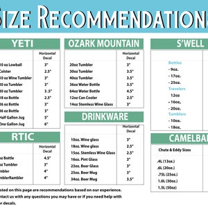 Op de afbeelding: Een maattabel voor horizontale stickers met de merknamen Yeti, Ozark Mountain, S'well, RTIC en Camelbak. De tabel bevat specifieke drinkware-modellen en de bijbehorende stickerformaten in inches, met een opmerking onderaan de afbeelding.