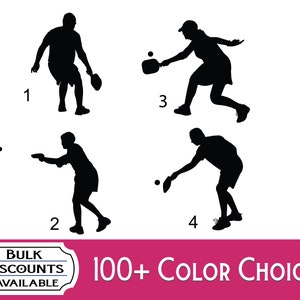 May include: Four black silhouettes of people playing pickleball. The people are in different poses, some are hitting the ball, others are reaching for the ball, and one is standing with their paddle raised. The image is set against a white background.