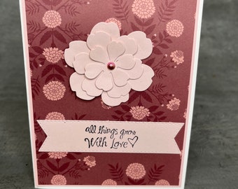 Love homemade card/ handmade pink card/ thinking of you card/ thank you card